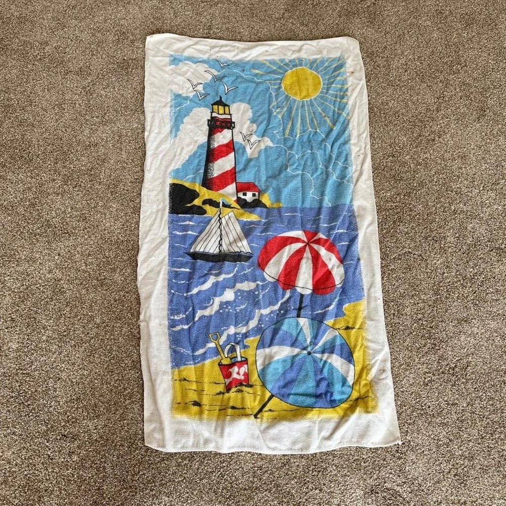 Vintage Beach Scene Towel Terry Cloth Lighthouse Seagulls Sailboat 46x25 Stains